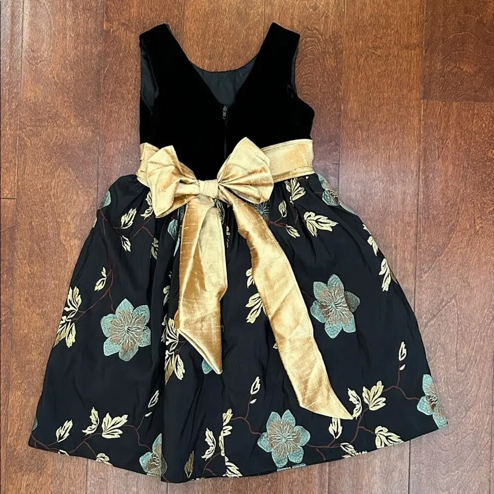 Dimples Girl’s Black Velvet Dress with Elegant Embroidered Design, Size 4
